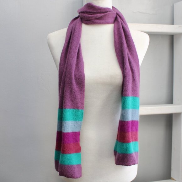 Aris Women's Purple Green Blue Striped Angora Lambswool Blend Knit Neck Scarf - Picture 1 of 5